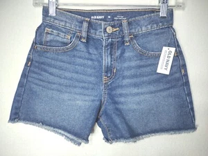 Old Navy Girls 10 High Rise Denim Shorts Dark Wash Adjustable Waist Raw Hem NEW - Picture 1 of 4