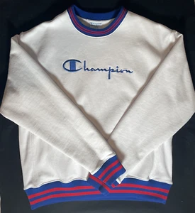 Champion Men Reverse Weave Sweatshirt Large EUC White W/ Red Blue Trim Preppy - Picture 1 of 16