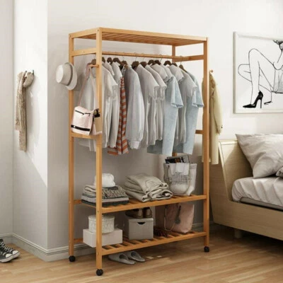 Rollbar Kleiderständer Bambus kleiderschrank mit Schuhablage Kleiderstange Haken - Bild 1 von 4