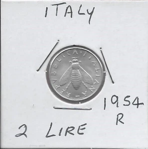 ITALY 2 LIRE 1954R BEE,OLIVE BRANCH.VALUE IN MUMBER AT LEFT,MINTMARK AND DATE BE - Picture 1 of 2