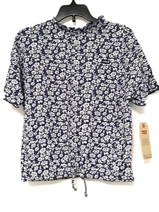 Levi's Girls Size M Blue White Ribbed Short Sleeve Floral Logo Drawstring Shirt - Picture 1 of 7