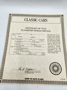 Danbury Mint Certificate of Title / COA 1927 Stutz Black Hawk Speedster - Picture 1 of 2