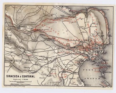 1911 ORIGINAL ANTIQUE MAP OF VICINITY OF SIRACUSE / SICILY / ITALY - Image 1 of 3