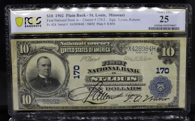 1902 $10 Plain Back-St. Louis, Missouri Fr#624 Lyons, Roberts PCGS VF25 - Image 1 of 2