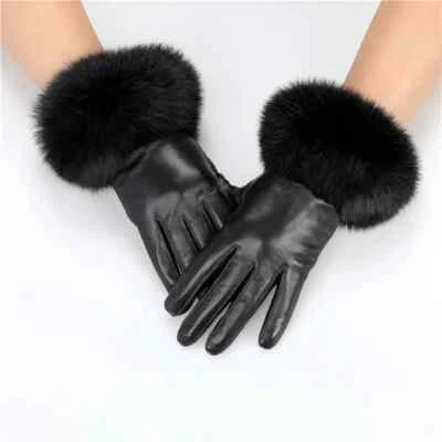 Women's Genuine Leather Gloves Rabbit Fur Trim Cuff Velvet Lined Winter Driving - Image 1 of 4