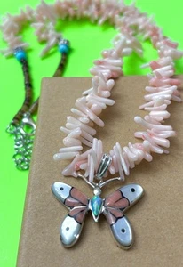NAVAJO FJ Sterling Silver BUTTERFLY Opal Angel Skin Coral 925 Pendant Necklace - Picture 1 of 4