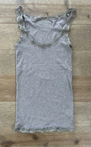 American Eagle Outfitters Oatmeal Y2K Stretch Rib Long Fitted Cami Lace Trim S - Picture 1 of 8