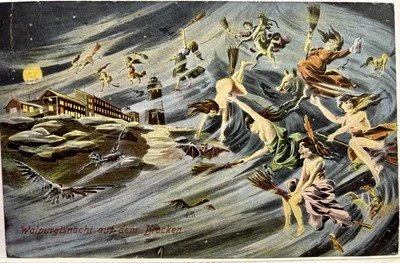 Vintage Halloween Postcard Witches Bats Black Cats Krampus Owls Broomsticks 559 - Image 1 of 4