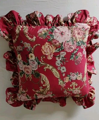 Ralph Lauren Danielle Marseilles Throw Pillow Red 3" Ruffle Floral 16" X 16" EUC - Image 1 of 4