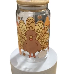 New handmade UVDTF Turkey Glass Cup with Bamboo Lid & Straw - Picture 1 of 8