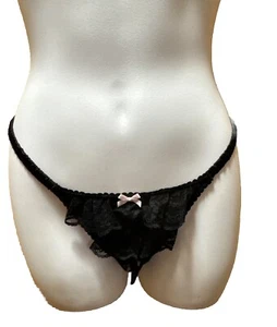 NWT Vintage Victorias Secret Black Sheer Ruffled Lace Thong Panties Pink Bow XS - Picture 1 of 8