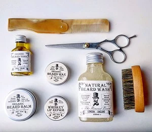Organic Beard Oil, Balm, Wax, Soap, Whiskey Lip balm +  Comb + Brush + Washbag - Picture 1 of 3