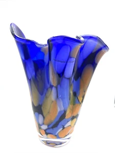 HANKERCHIEF VASE COBALT CONFETTI HANDMADE IN POLAND MID CENTURY ART GLASS VASE - Picture 1 of 12