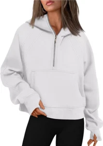 Trendy Queen Women's Sweater Solid White Hoodie Hooded Cropped Zip Pocket NWT - Picture 1 of 6