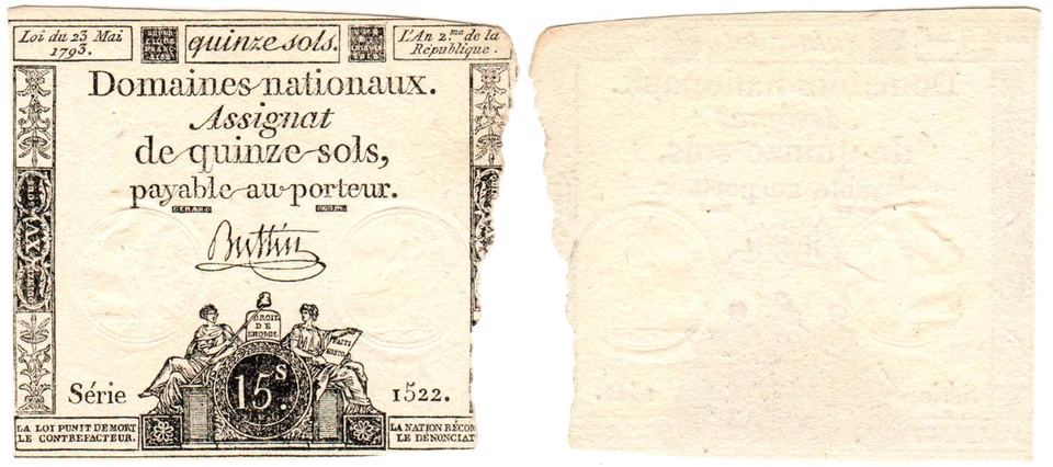 France 15 Sols P#A69b (23.05.1793) Domaines Nationaux AUNC - Image 1 of 1
