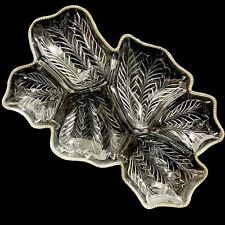 Vintage 1950s Jeannette Feather Leaf 6 Section Relish Pressed Glass 22K Gold Rim