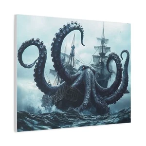 Oceanic Giant Squid Octopus Battle Stretched Canvas Art Pirate Ship Fight - Picture 1 of 13