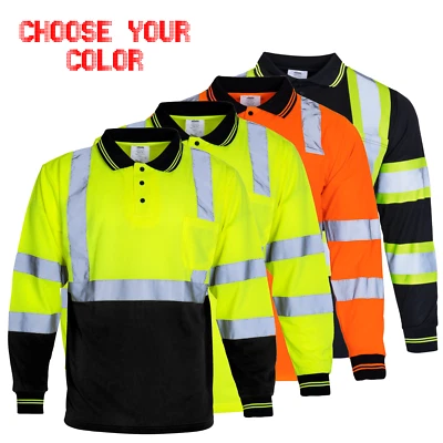 Hi Vis Polo Shirt ANSI Reflective Safety Long Sleeve HIGH VISIBILITY - Image 1 of 3