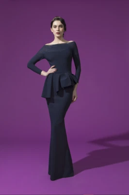 NWT Chiara Boni La Petite Robe Nabelle Illusion Peplum Gown Midnight Blu 4 $1090 - Image 1 of 4