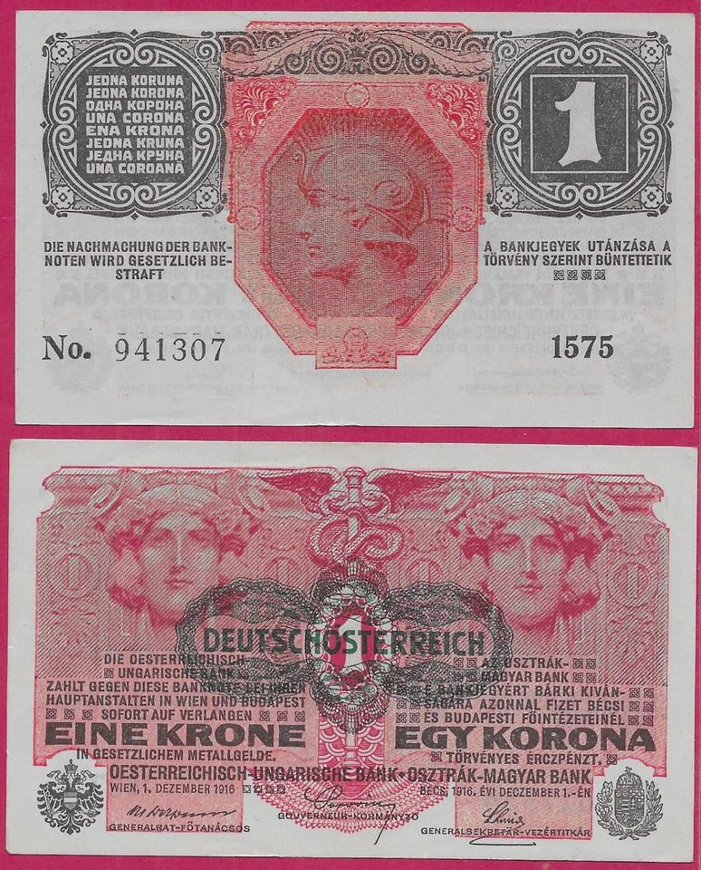 GERMANY-AUSTRIA 1 KRONE 1916 Overprint "DEUTSCHÖSTERREICH" on AUSTRIA,WOMAN'S HE - Image 1 of 1