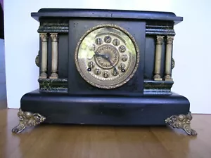 Black/Gold Antique Mantle Clock. Refurbished 2013. With key. Missing 2 posts - Picture 1 of 9