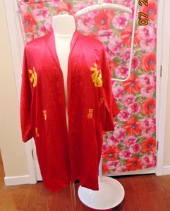 Zhen Long - Red Silk Kimono Lined, Gold Embroidery -Women Size L -no belt - Picture 1 of 10