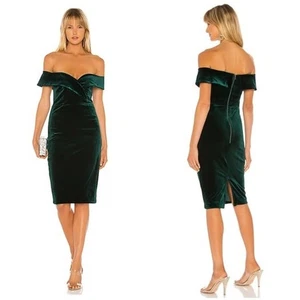 Vestido Bardot Talla Pequeña 6 Verde Esmeralda Terciopelo Fuera del Hombro Bella Vaina Midi - Imagen 1 de 12