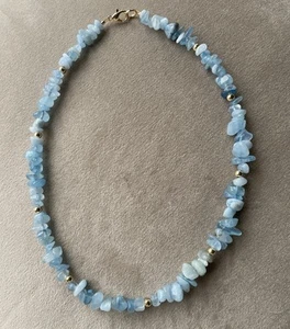 BLUE AQUAMARINE CHIPS Beaded Necklace Gold Tone 16” Handcrafted - Picture 1 of 6