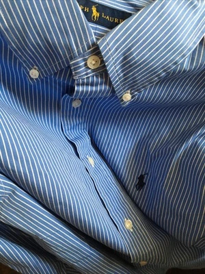 Camisa polo masculina Ralph Lauren 17 1/2 44 listra branca azul botão para baixo - Imagem 1 de 2