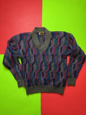 Vintage 90s Boston Traders Textured Sweater Medium Wool Striped V Neck Warm - Image 1 of 4