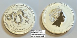 30 Dollar 2013 Australia Lunar II Jahr d Schlange 1 Kilo 1000gr Silbermünze 999 - Bild 1 von 3