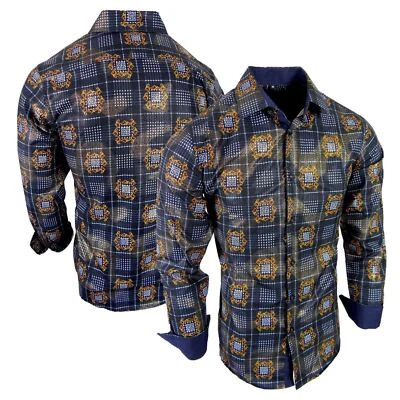 Camisa Para Hombre Negra Italiana Rayas Dorada Lámina Metálica Floral Sedosa Elastizada Botón Foto 1 de 4