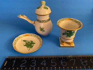 HEREND Small " CHINESE BOUQUET" Apponyi Green Porcelain VASE, TEA POT, TEA PLATE - Picture 1 of 22