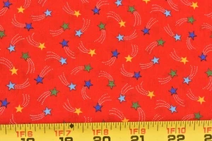 26" Long, Blue Gold & Green Shooting Stars on Red Quilt Cotton, Cranston, P8536 - Picture 1 of 6