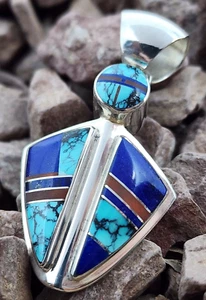 Navajo signiert Sterlingsilber aufwendiger Kanal intarsiert 3D Halskette Anhänger - Bild 1 von 8