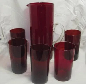 Juego de 5 vasos y jarra de limonaida de cóctel soplada a mano roja vintage usada en excelente estado - Imagen 1 de 11