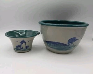 Great Bay Pottery Chip & Dip Bowl Set Hampton NH Lighthouse Duck servizio piatto - Foto 1 di 19