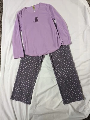 Women’s HUE Purple Fleece Sequin Cat 2 Piece Long Sleeve Pajamas Set Size M - Image 1 of 4