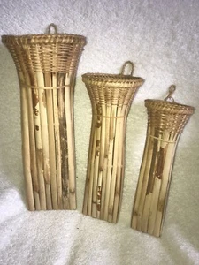 Bamboo 3 Nesting Hanging Vase Flowers Pot Stand Home Decoration Wall Ornaments - Picture 1 of 7