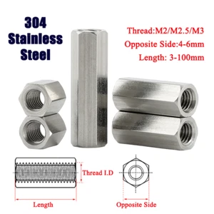 M2/M2.5/M3 High Hex Connection Nuts 304 Stainless Steel Thread Bar Connector - Picture 1 of 9
