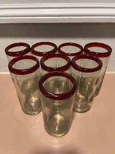 "Juego de 8 vasos mexicanos soplados a mano de 6"" de alto con borde rojo" - Imagen 1 de 11