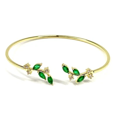 Brazalete Brazalete Abierto Hojas Delicadas Chapado en Oro 18k Titanio Acero Circón Piedras Foto 1 de 4