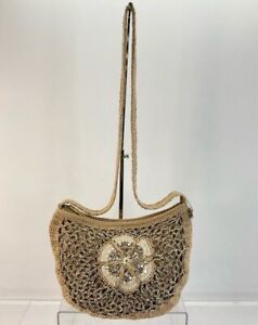 The Sak Beige & Brown Crochet Floral Sequined Zip Crossbody Bag