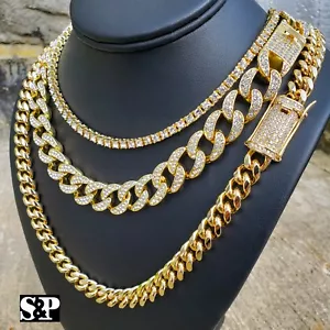 Hip Hop Lab Diamond Iced Bust Down 1 Row Tennis & Miami Cuban 3 Chain Necklace  - Picture 1 of 17