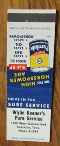 WYLIE KEENER PURE OIL GASOLINERA MATCHBOOK CUBIERTA: KNOXVILLE, TENNESSEE G19 - Imagen 1 de 1