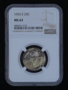1953-S MS63 Silver Washington Quarter Graded By NGC BU Pretty Ugly Toned Scarce - Picture 1 of 19