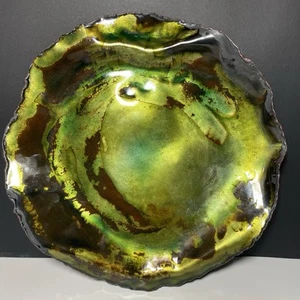 Enamel on Copper Serving Plate Tray Green Brown Gold Raw Torch Cut 13” - Picture 1 of 7