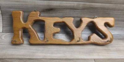 Keys Wood 4 Hook Wall Hanging House Key Holder Brown Vintage Rustic Cabin - Image 1 of 4