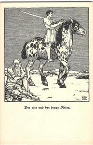 GEORGE KARAU Old & Young Man Horse Artist-Signed German 1910s Antique Postcard - Picture 1 of 2