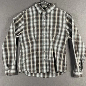 Panhandle Slim Shirt Women's Medium Brown Blue Plaid Western Pearl Snap Cowboy - Picture 1 of 7